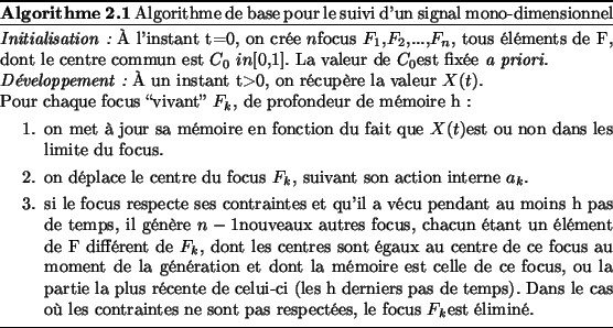 \begin{algo}
% latex2html id marker 2198
[b]
{\it Initialisation:} \\lq A l'instant...
...aption{Algorithme de base pour le suivi d'un signal mono-dimensionnel}\end{algo}