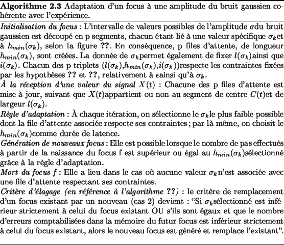 \begin{algo}
% latex2html id marker 2335
[b]
{\it Initialisation du focus}: L'in...
... focus  une amplitude du bruit gaussien cohrente avec l'exprience.}\end{algo}