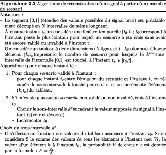 \begin{algo}
% latex2html id marker 4105
[b]
Notations:
\begin{itemize}
\item Le...
...thme de reconstitution d'un signal  partir d'un ensemble de scenarii}\end{algo}