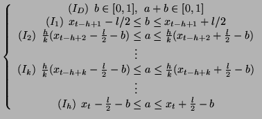 $\displaystyle \left\{ \begin{array}{c}
 (I_{D})\:\: b \in [0,1], \:\: a+b \in [...
...\:\: x_{t}-\frac{l}{2}-b \leq a \leq x_{t}+\frac{l}{2}-b\\ 
 \end{array}\right.$