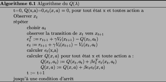 \begin{algo}
% latex2html id marker 7419
\hspace*{1cm}t=0, Q(x,a)=0,$e_{t}(x,a...
...usqu' une condition d'arrt
\caption{Algorithme du $Q(\lambda)$}
\end{algo}