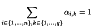 $\displaystyle \sum_{i \in \{1,...,n\}, k \in \{1,...,q\}} \alpha_{i,k} = 1$