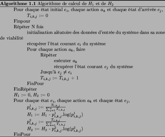 \begin{algo}
% latex2html id marker 1095
\hspace*{1cm}Pour chaque tat initial...
...}FinPour
\caption{Algorithme de calcul de $H_{1}$\ et de $H_{2}$}
\end{algo}